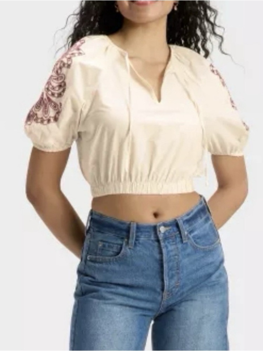 Universal Thread Embroidered Cream Crop Top